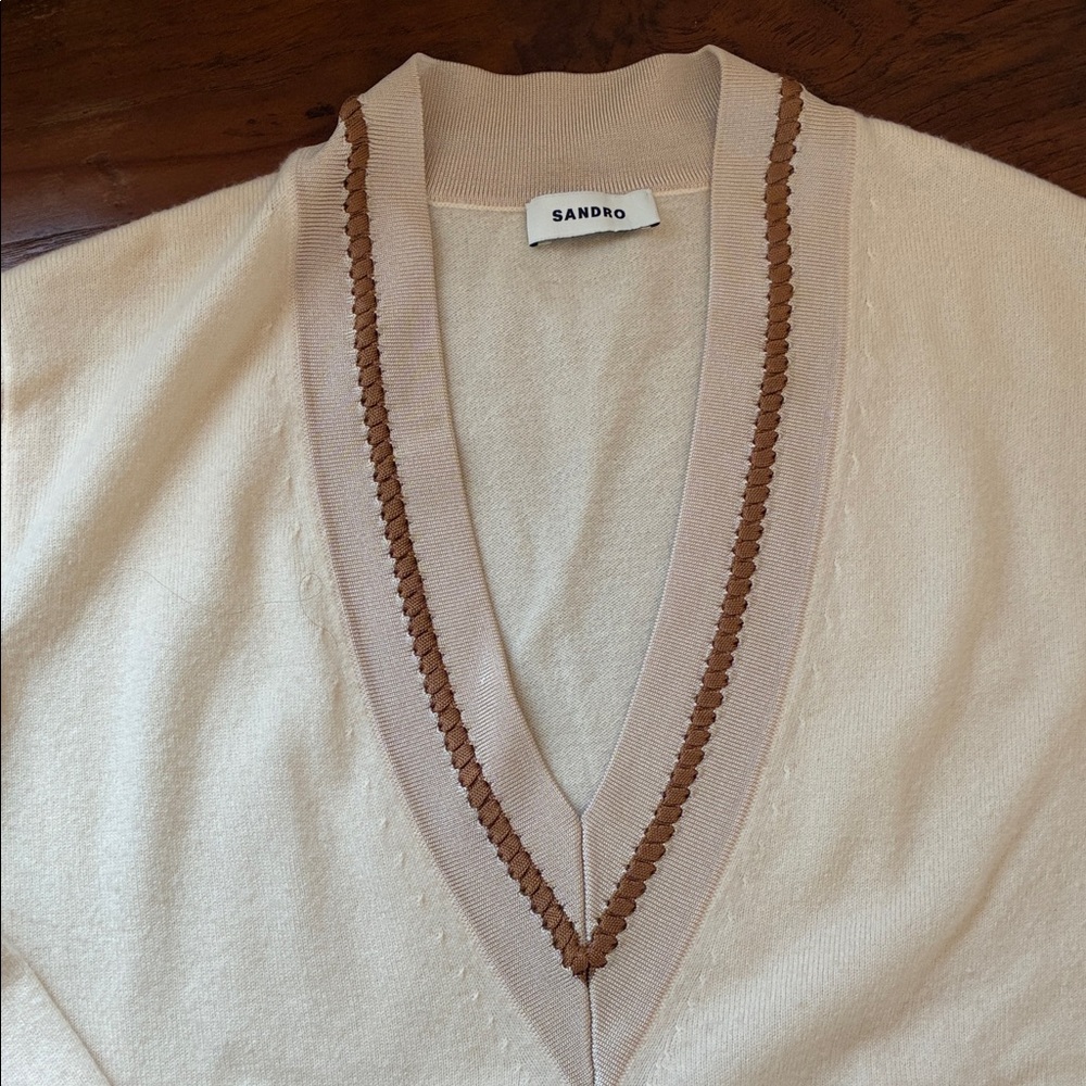 Sandro Cream V-Neck Sweater with Contrast Trim - Women